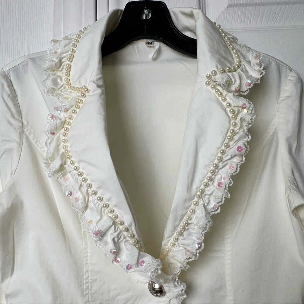Kelly USA Vintage Ivory Pearl Trim Ruffle Blazer Cottagecore Jacket Size Medium - Picture 12 of 13